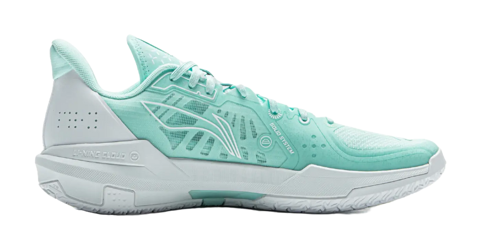 Men's basketball shoe in aqua and white, side view with molded support.