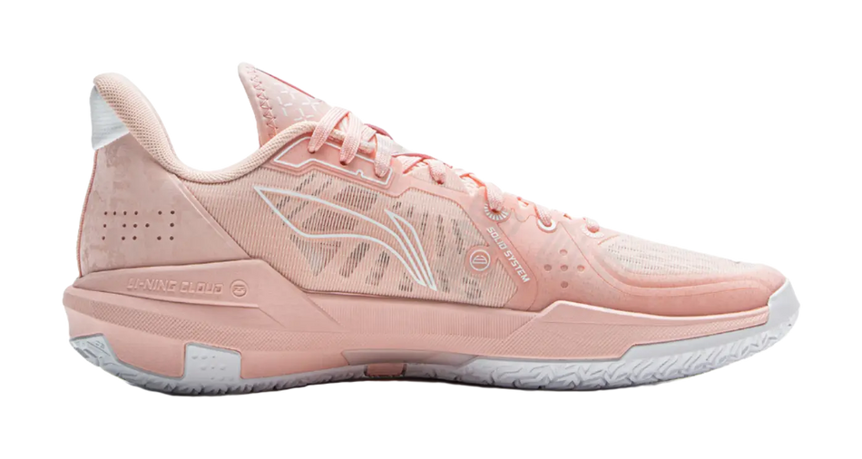 Pink Li-Ning basketball shoe, side view, lace-up mesh with white logo stripe