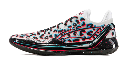 Low-top basketball shoes with white uppers, black accents, and blue-pink leopard print