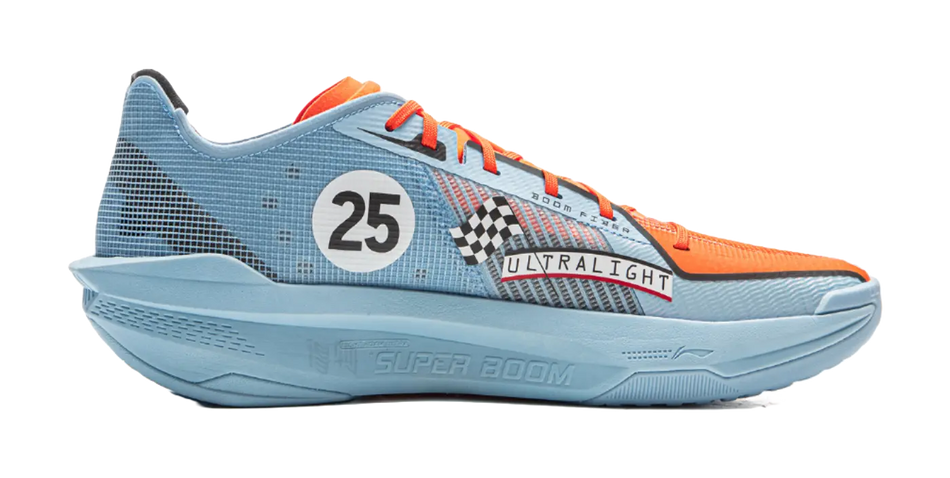 Li-Ning basketball shoes, side view: light-blue upper, orange toe, molded heel