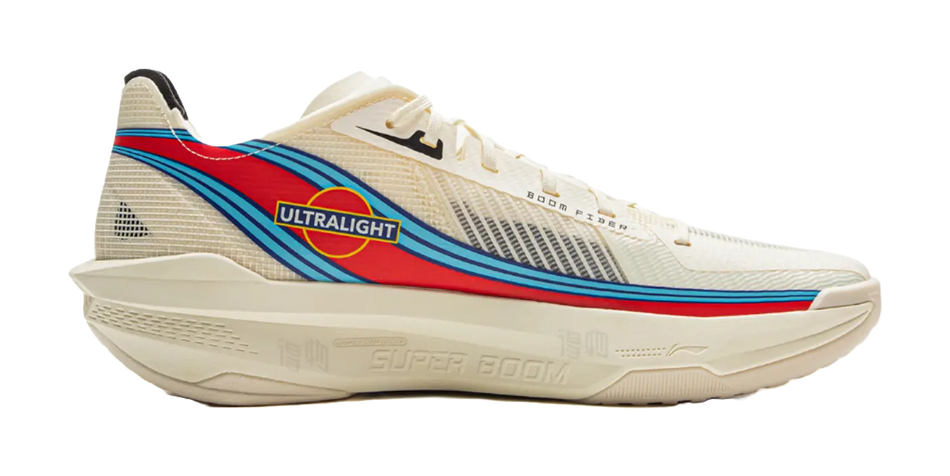 Men's basketball shoes, side view, off-white upper with blue red rainbow accents