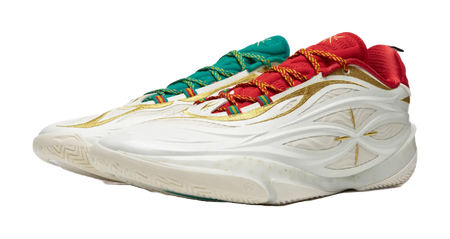 Basketball shoes with white base, gold accents, mismatched red and green uppers