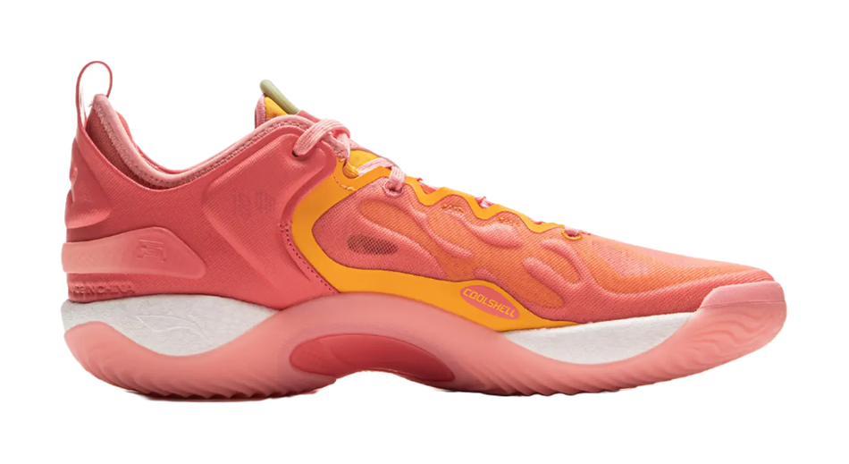 Pink basketball shoe with orange side panel, yellow laces, and white midsole