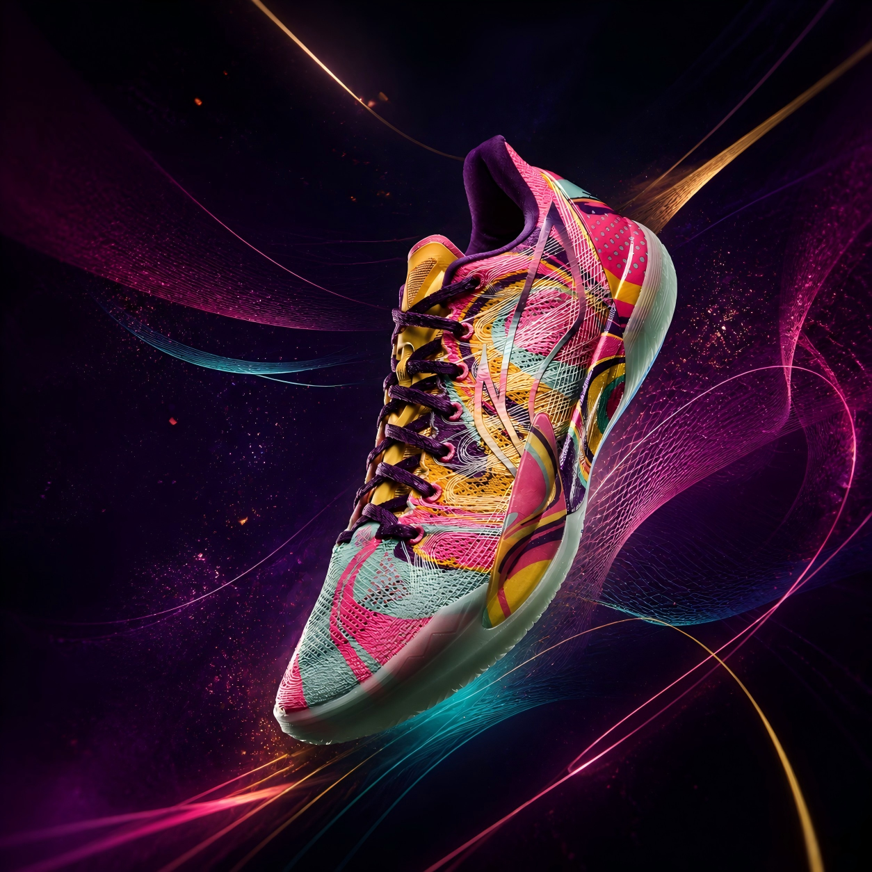 Multicolor basketball shoe with purple laces, knit mesh upper, mint sole, teal side.