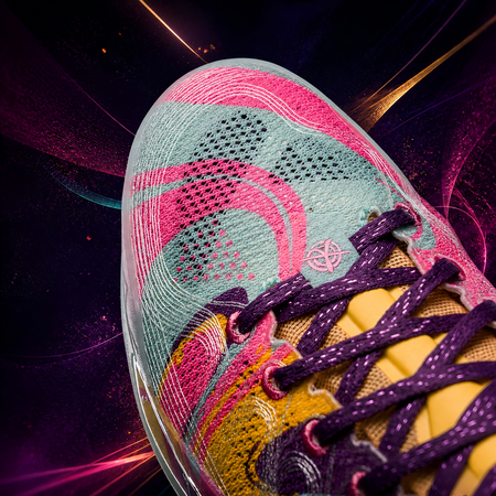 Close-up of basketball shoe toe, multicolor mesh with purple laces and mint sole.