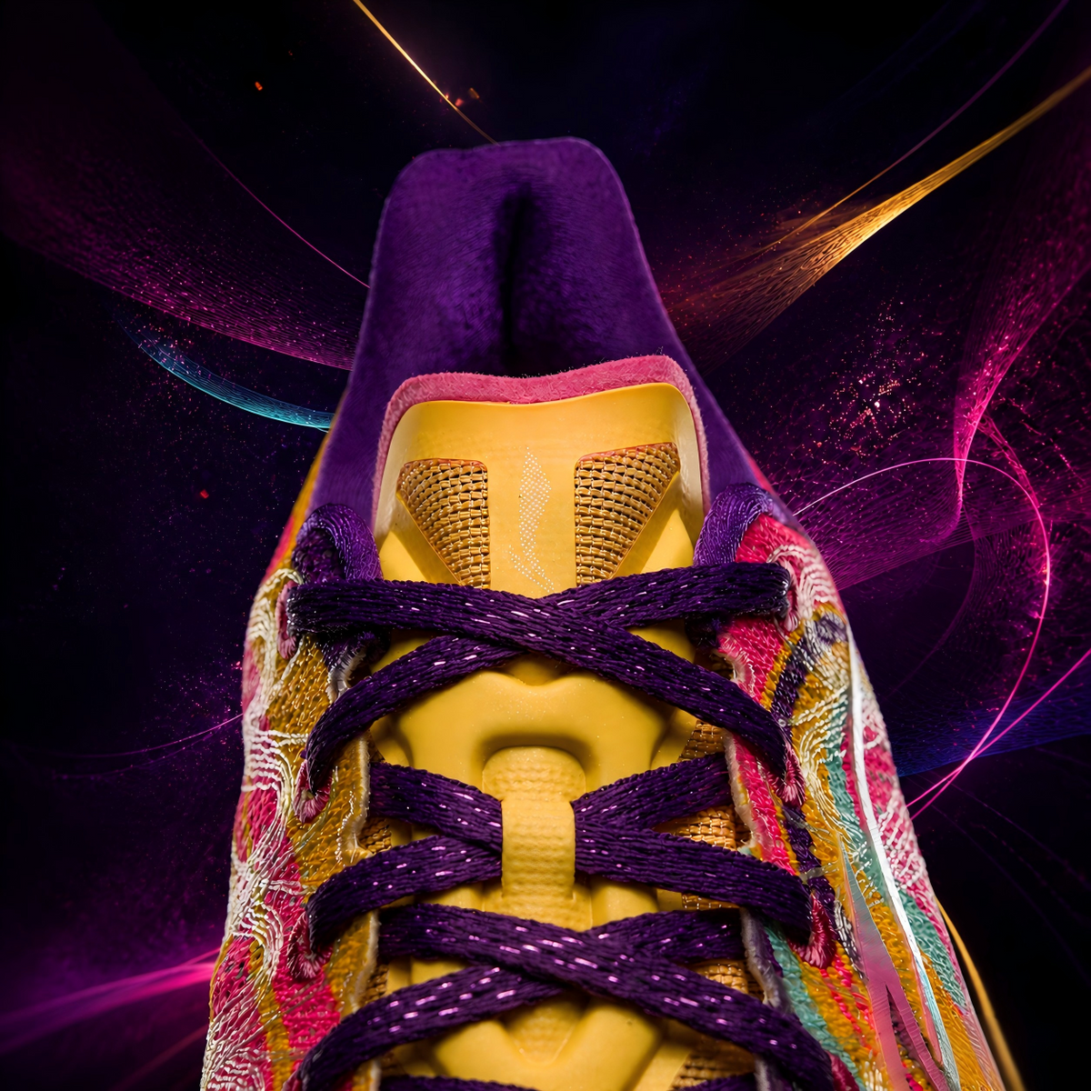 Close-up of shoe heel and tongue, purple collar, yellow inner lining, purple laces.
