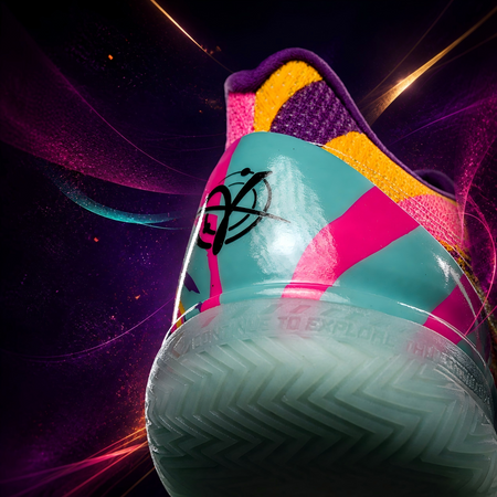 Basketball shoe with teal and pink panels, purple collar, textured rubber sole