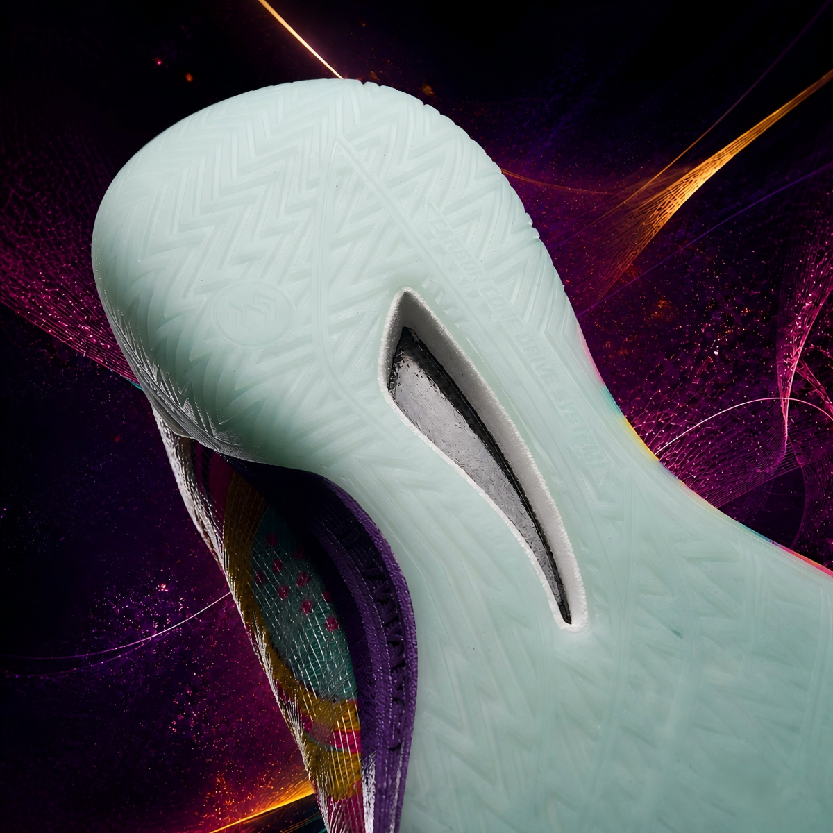Basketball shoe outsole view, white textured tread with gray side panel and purple lace