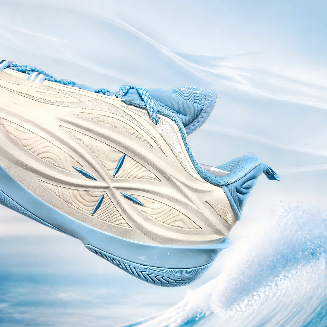 Unisex basketball shoe top view angle with milky white upper and light blue woven accents.