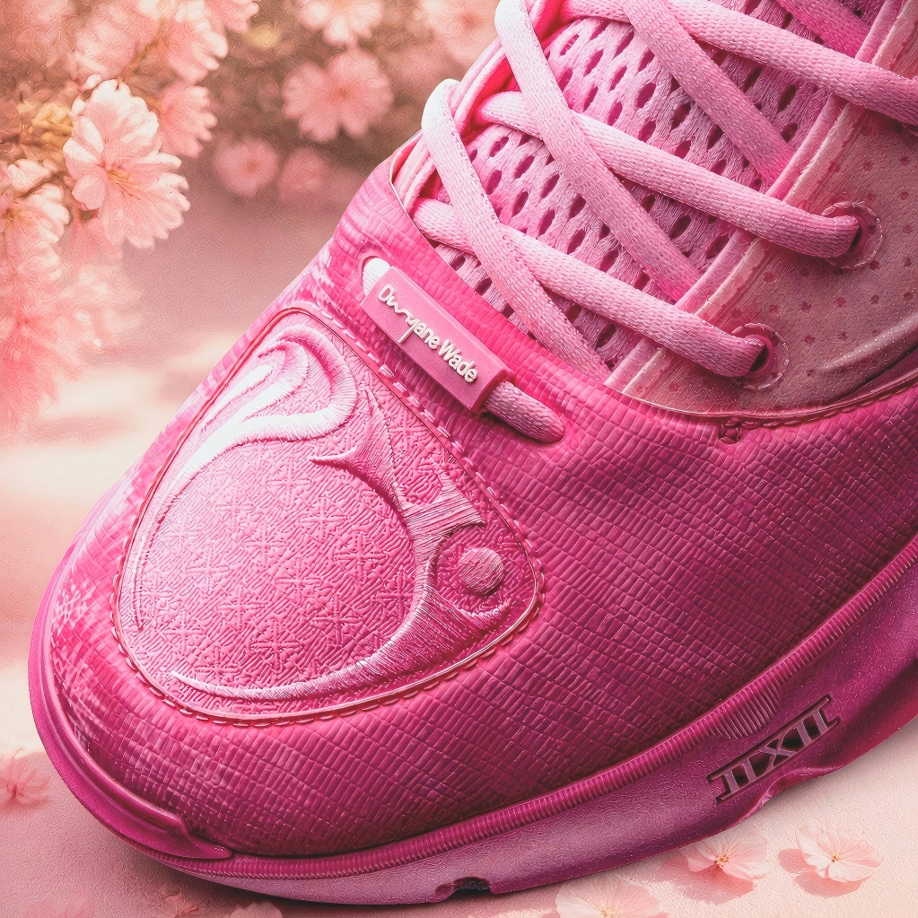 Pink basketball sneaker toe and side view with embroidered logo patch