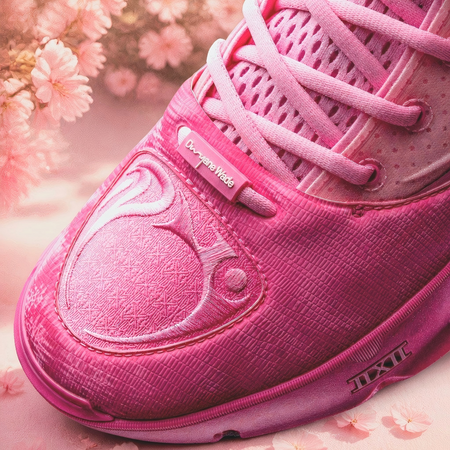 Pink basketball sneaker toe and side view with embroidered logo patch
