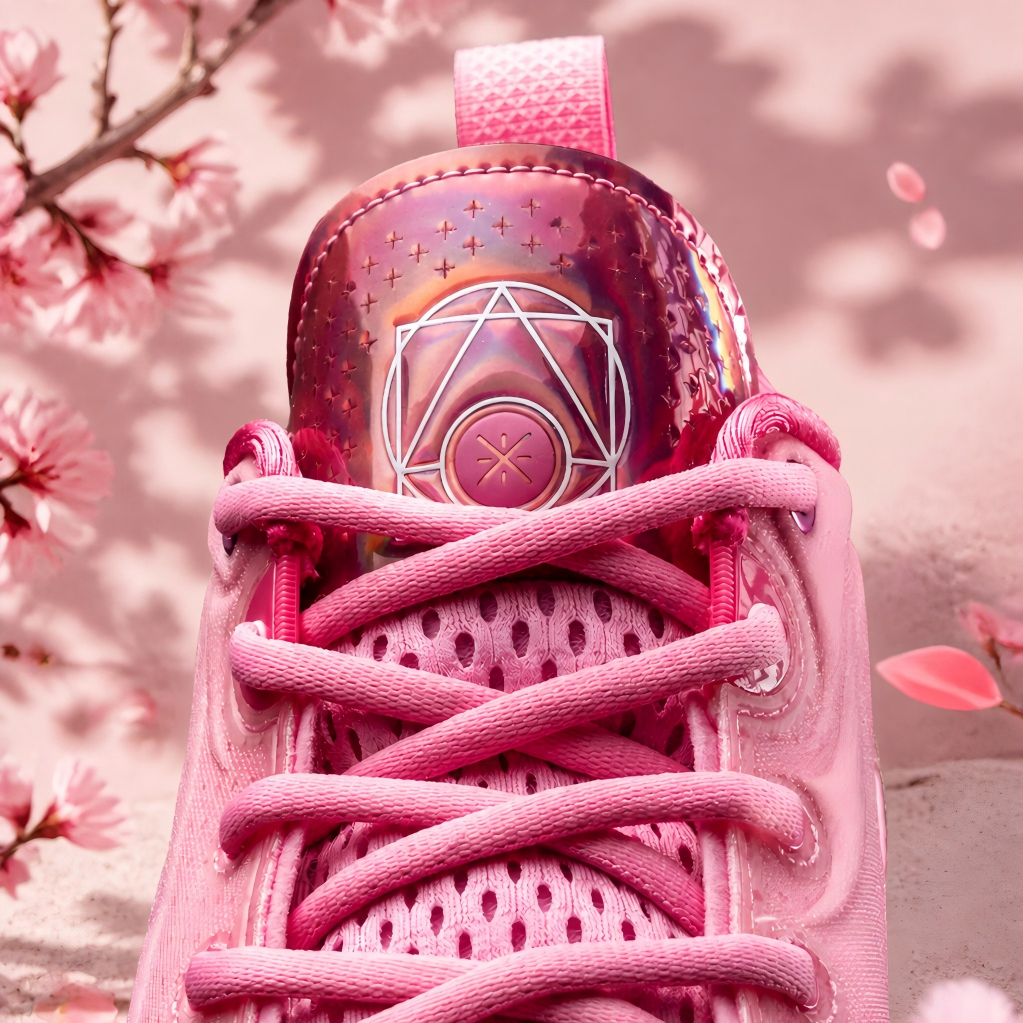 Pink basketball sneaker heel-tongue area with emblem and crisscross laces
