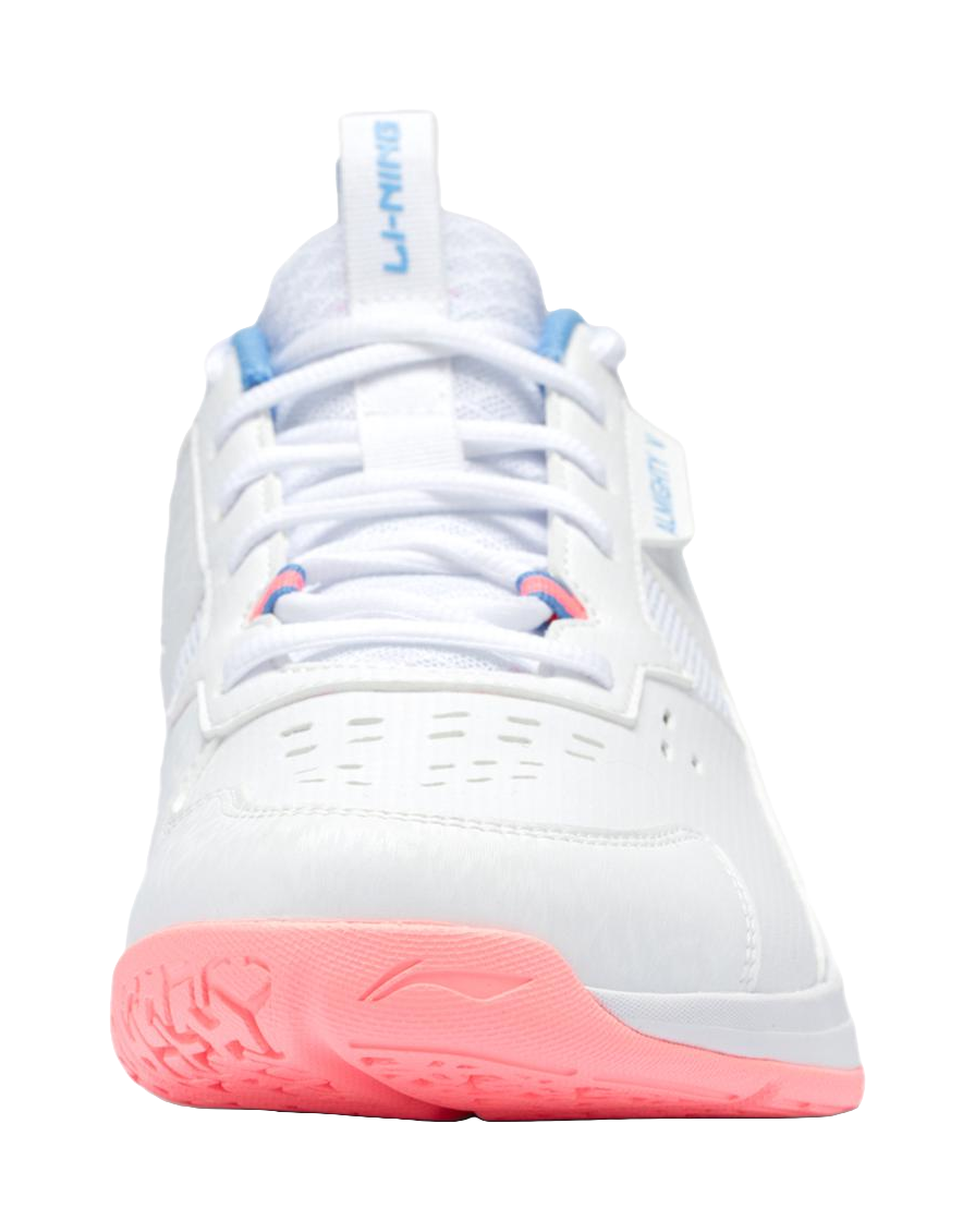 White badminton shoe with blue heel lining and pink outsole at toe