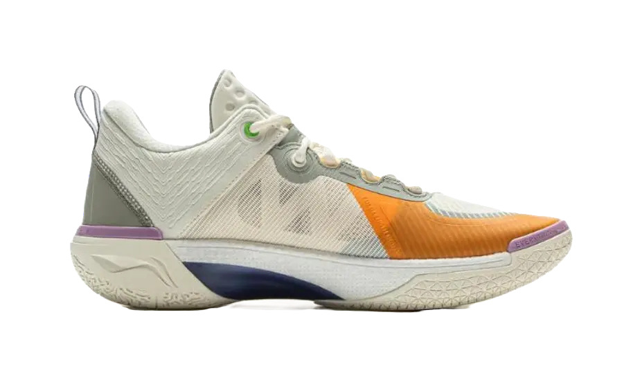 Li-Ning basketball shoes with beige mesh upper, orange accent panel, purple heel