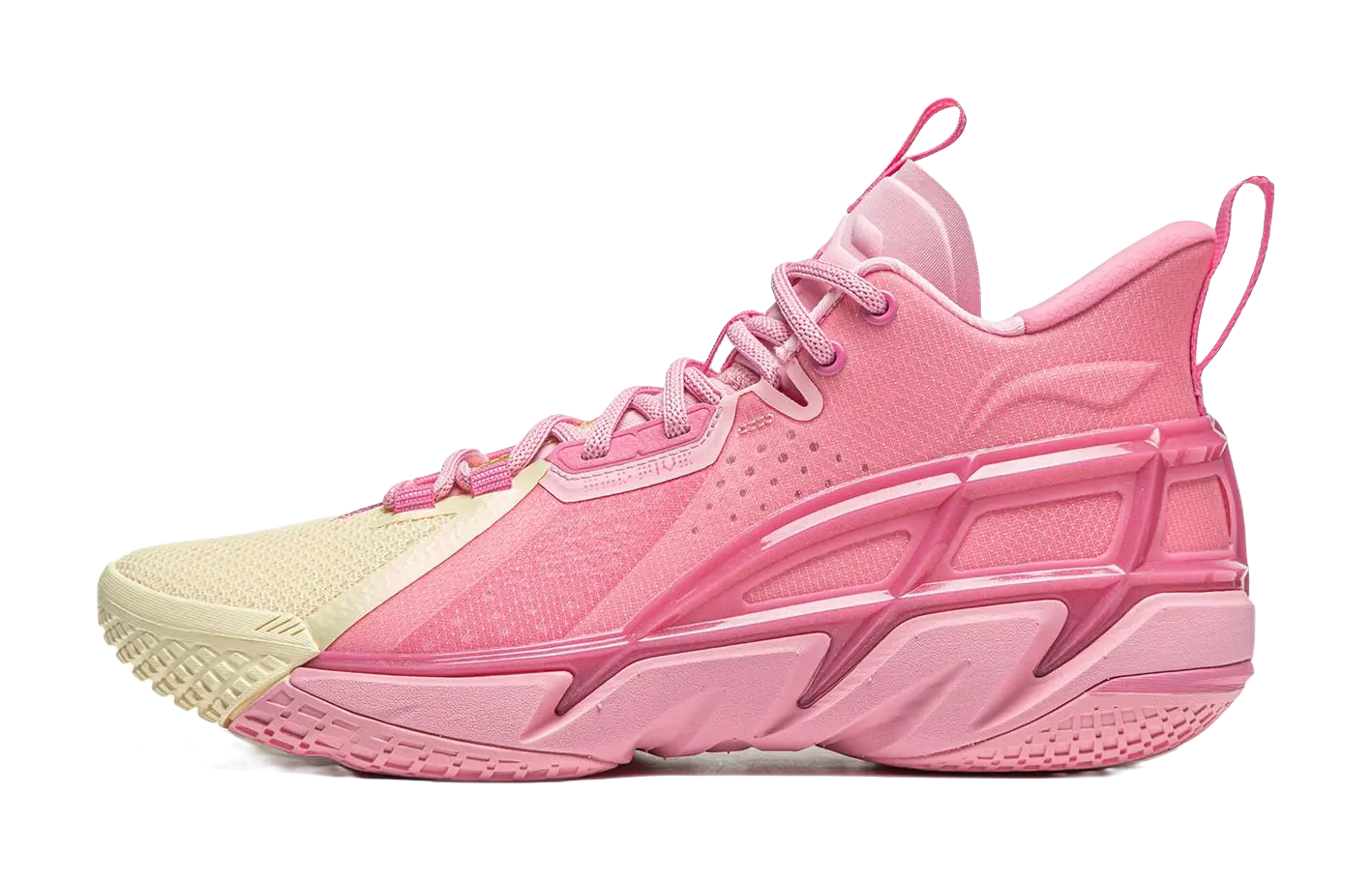 LiNing Anti five 4 Cushioning Abrasion Resistant Breathable Mid top Basketball Shoes Mens Pink Yellow  vjsneaker.com