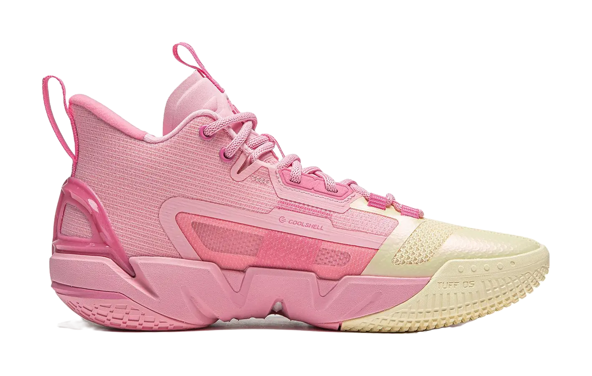 LiNing Anti five 4 Cushioning Abrasion Resistant Breathable Mid top Basketball Shoes Mens Pink Yellow  vjsneaker.com