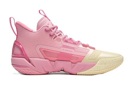 LiNing Anti five 4 Cushioning Abrasion Resistant Breathable Mid top Basketball Shoes Mens Pink Yellow  vjsneaker.com