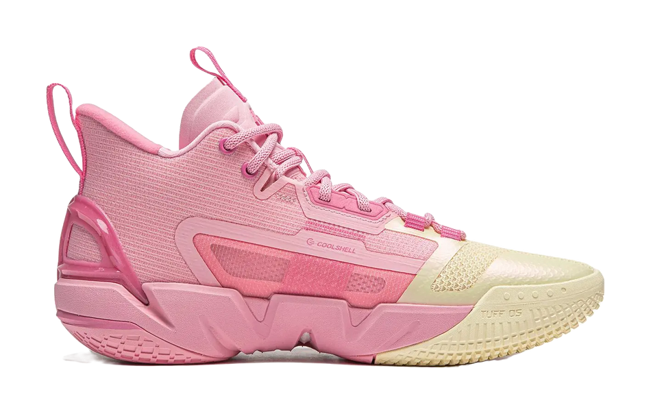 LiNing Anti five 4 Cushioning Abrasion Resistant Breathable Mid top Basketball Shoes Mens Pink Yellow  vjsneaker.com