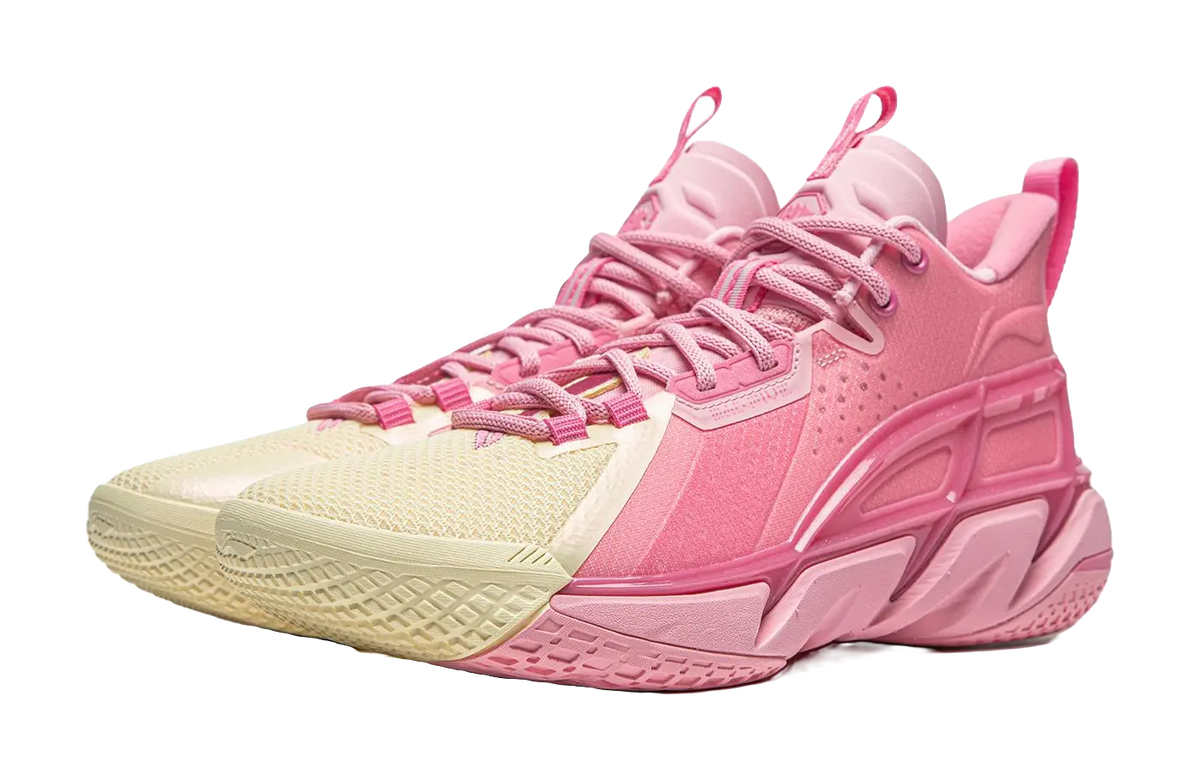 LiNing Anti five 4 Cushioning Abrasion Resistant Breathable Mid top Basketball Shoes Mens Pink Yellow  vjsneaker.com