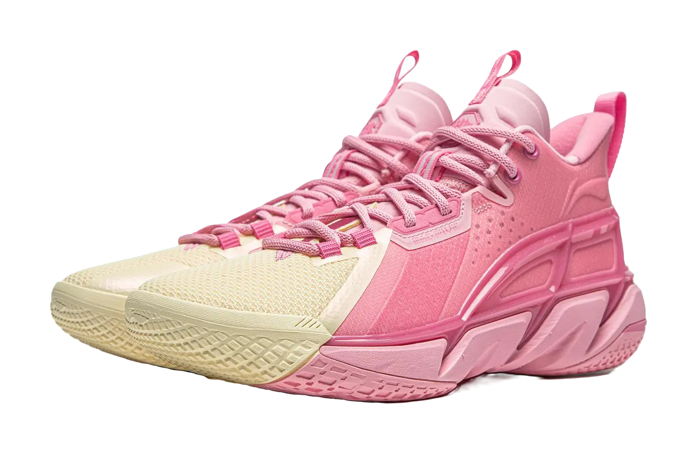 LiNing Anti five 4 Cushioning Abrasion Resistant Breathable Mid top Basketball Shoes Mens Pink Yellow  vjsneaker.com