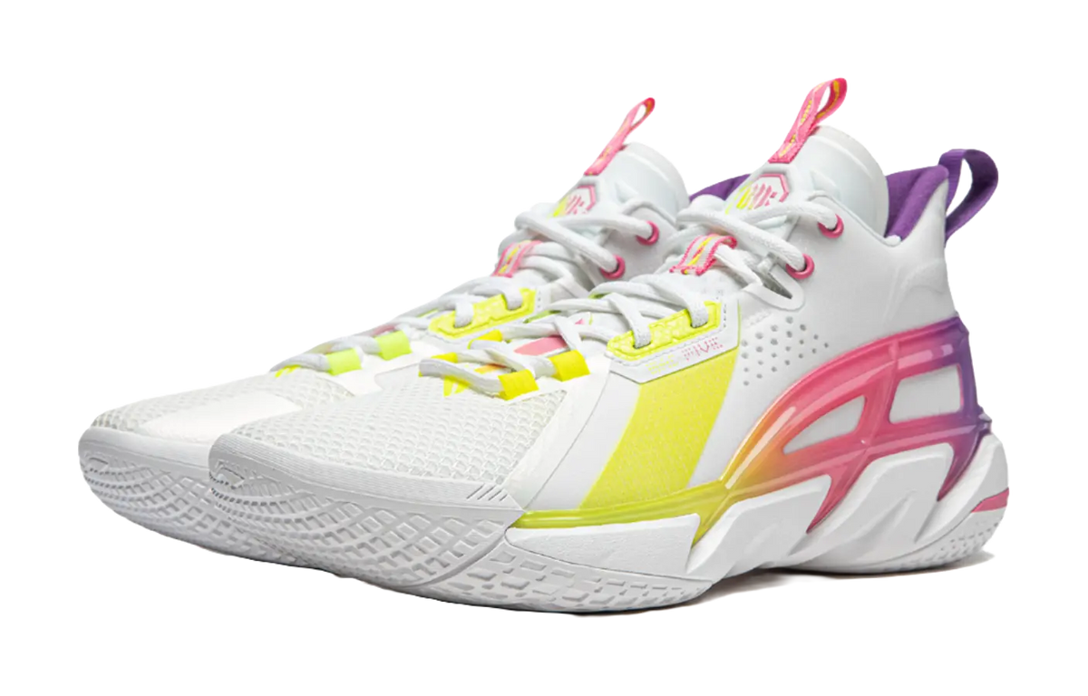 LiNing Cushioning Anti-Slip Wear-Resistant Breathable Support Rebound Mid-Top Basketball Shoes Mens White Yellow Pink 