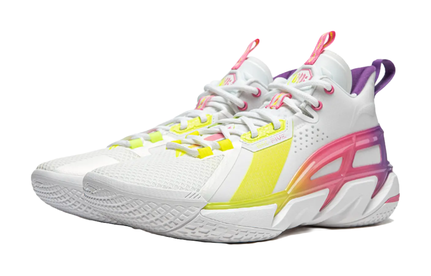 LiNing Cushioning Anti-Slip Wear-Resistant Breathable Support Rebound Mid-Top Basketball Shoes Mens White Yellow Pink 