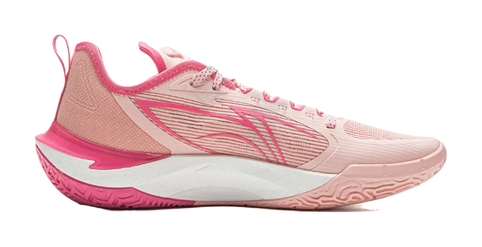 Unisex basketball shoes, powder-beige upper with magenta side panel, lace-up
