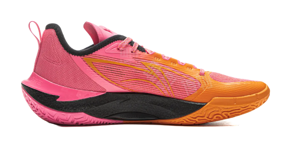 Pink and orange lace-up basketball shoe with black side panel and textured rubber sole
