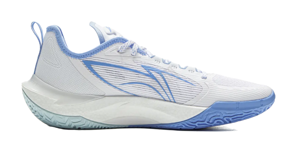 White and blue basketball shoes with lace-up closure and side graphic stripes