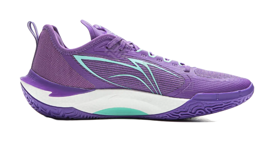 Men's basketball shoes, purple knit upper with teal logo and white midsole.