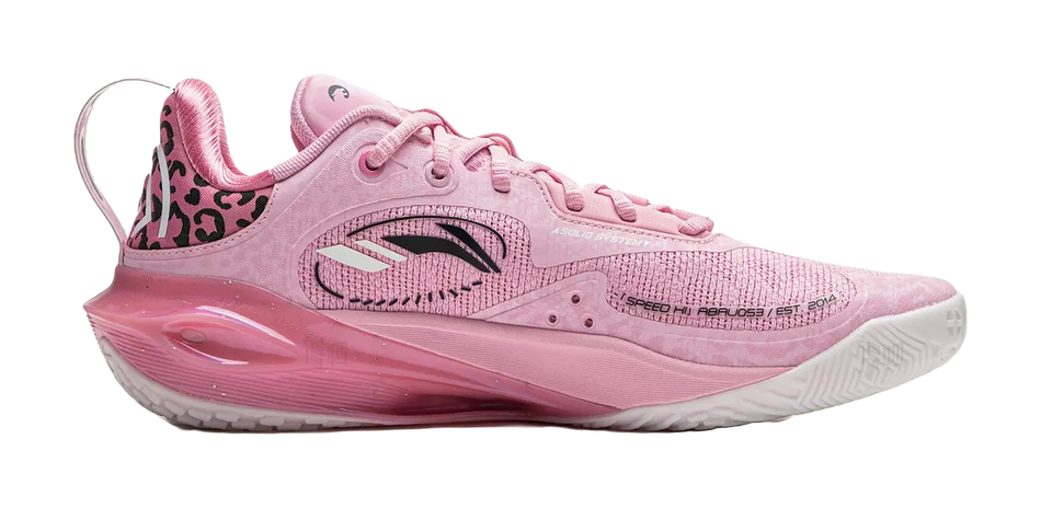 Men's basketball shoe, side view, light pink knit upper with translucent pink sole