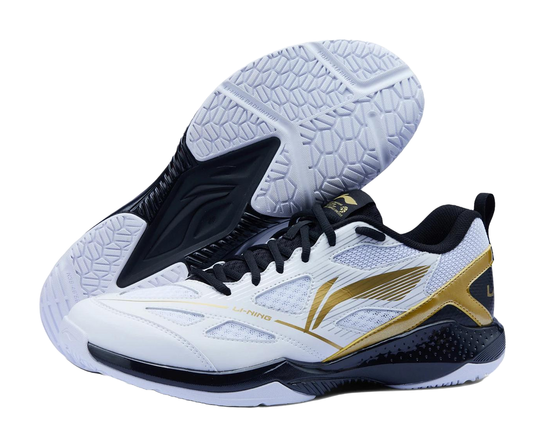 LiNing Gale Lite Slip Resistant Abrasion Resistant Low top Badminton Shoes Unisex White Gold Black 