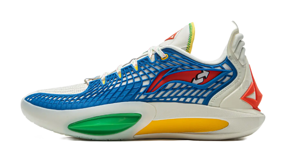 White basketball shoes with blue lattice upper, red stripe, green and yellow outsole accents