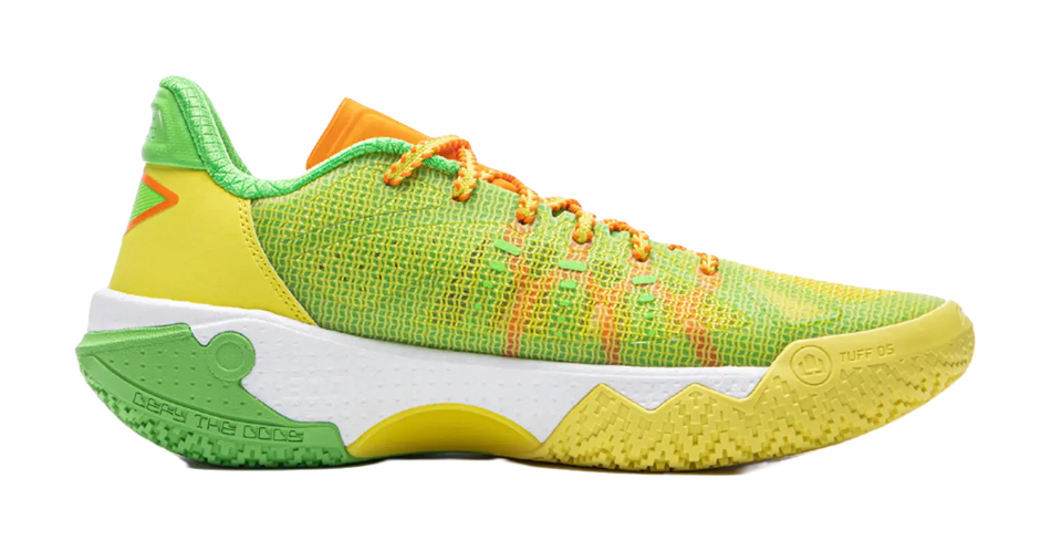 Basketball shoes side view, neon yellow-green mesh upper with orange accents