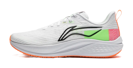 Men's running shoes with white knit upper, green accent, black logo, orange outsole