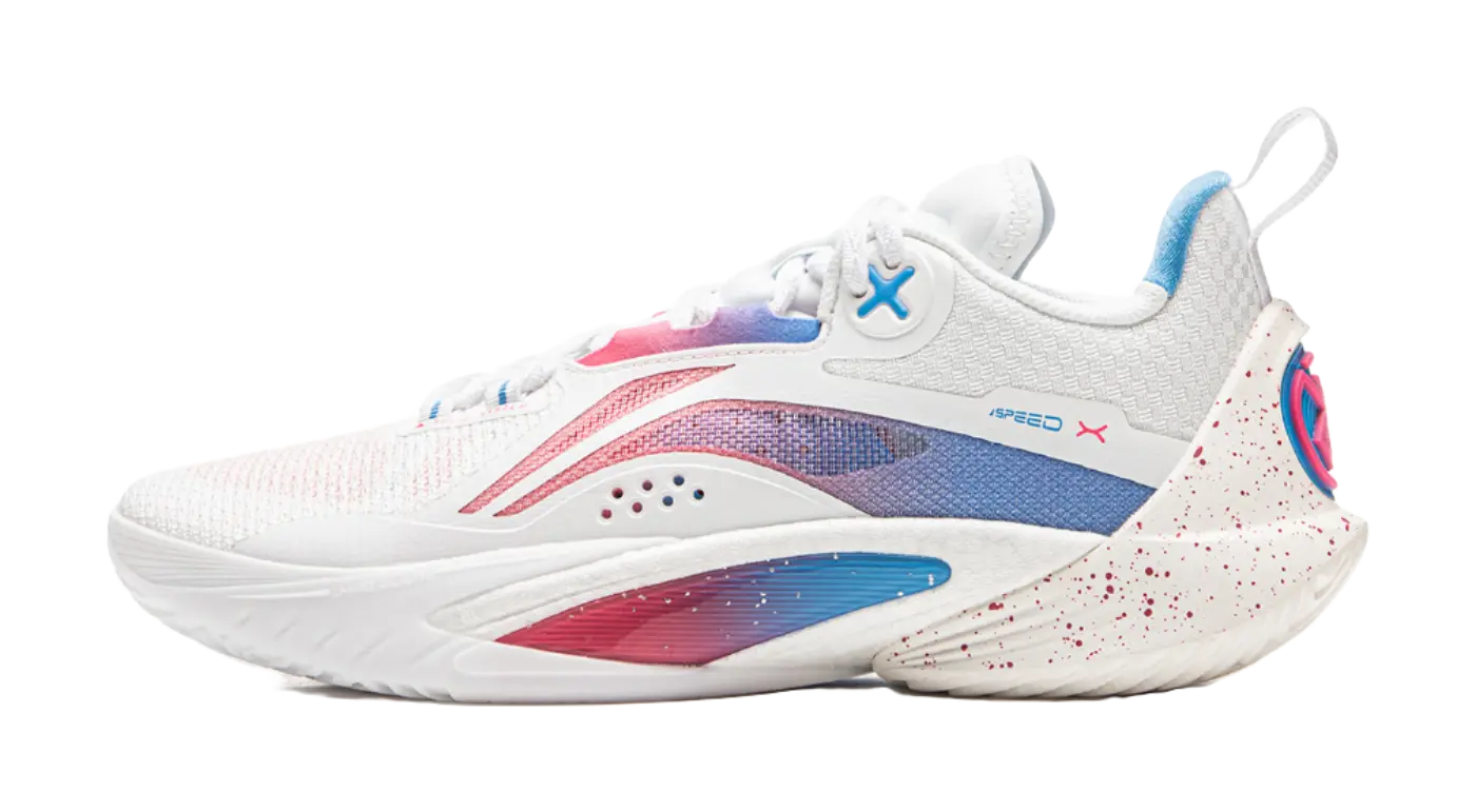LiNing Speed 10 Cushioning, Wear Resistant Low Top Basketball Shoes Mens White Pink Blue 