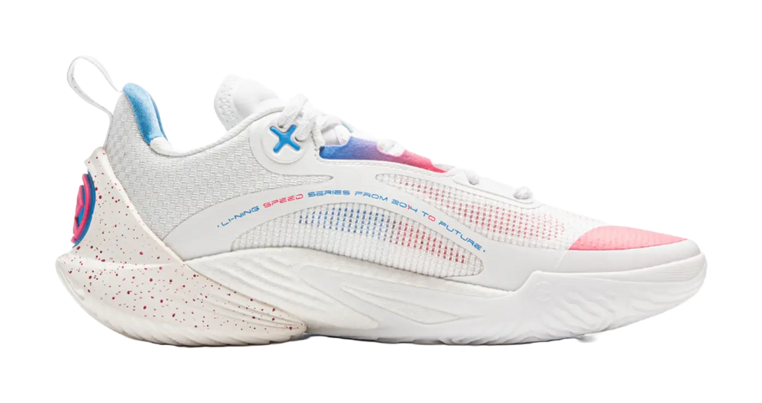 LiNing Speed 10 Cushioning, Wear Resistant Low Top Basketball Shoes Mens White Pink Blue 