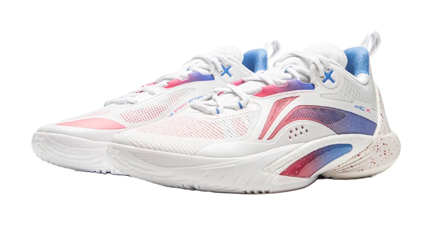LiNing Speed 10 Cushioning, Wear Resistant Low Top Basketball Shoes Mens White Pink Blue 