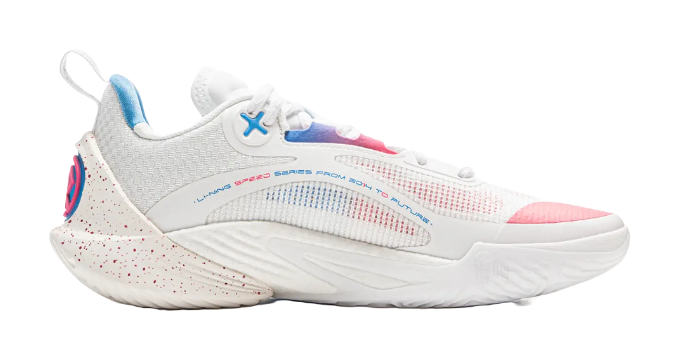 LiNing Speed 10 Cushioning, Wear Resistant Low Top Basketball Shoes Mens White Pink Blue  vjsneaker.com