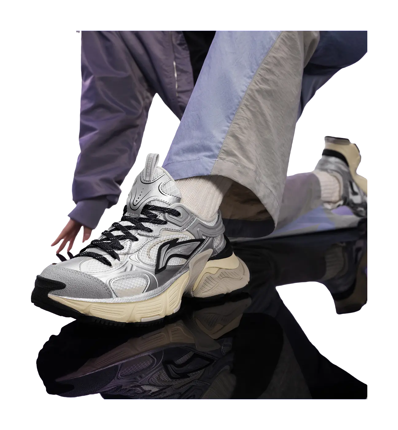 LiNing Star Shock Absorbers Slip Resistant Abrasion Resistant Breathable Low top Chunky Sneakers Women's Silver White  VJSNEAKER