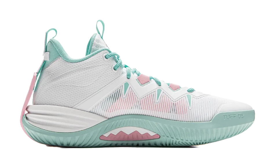 White basketball shoe with mint green sole and trim, lace-up high-top