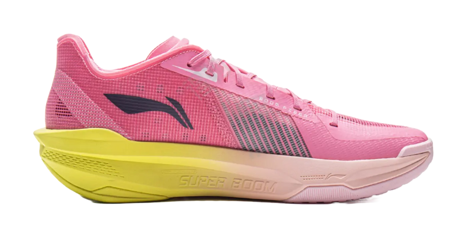 Pink basketball shoe side view with lace-up, neon-yellow midsole, and logo panel.