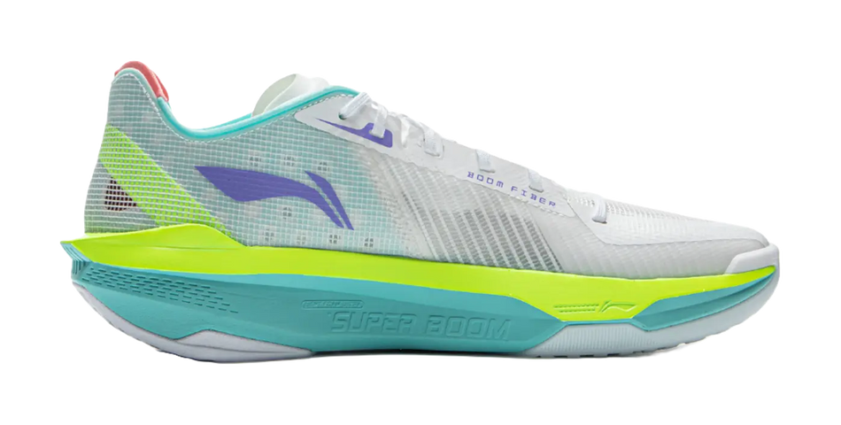 Basketball shoes with white upper, neon green midsole, teal outsole, and purple logo