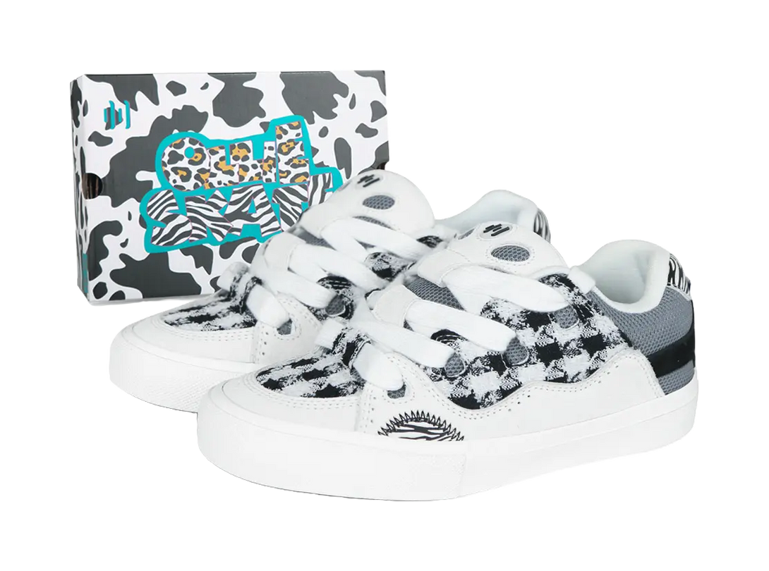 Ollieskate Zoo Party Zoo Collection, Box, Zebra Print Checkerboard Low top Skateboard Shoes Unisex Black White 