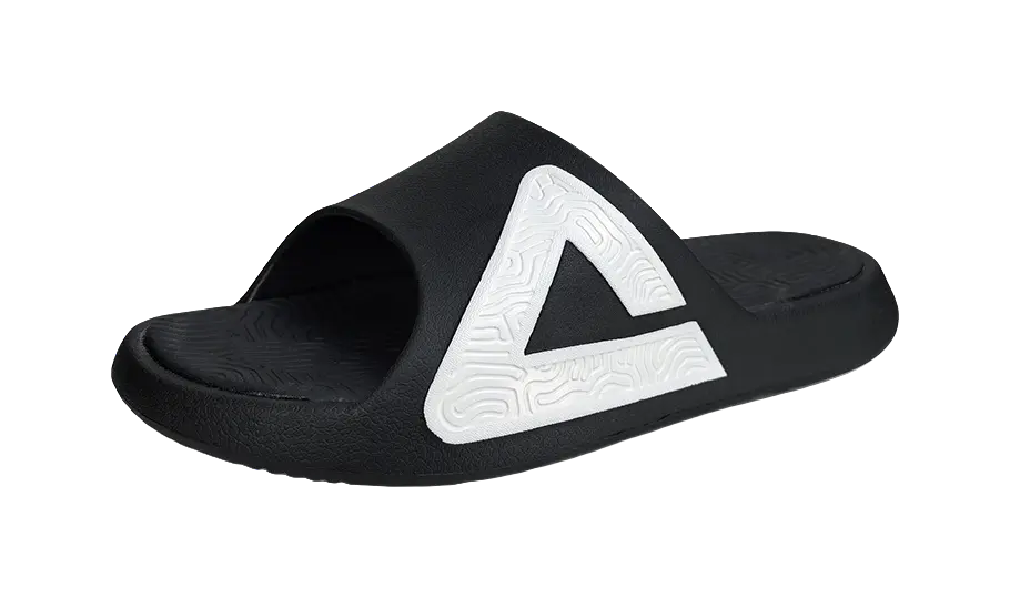 Black sports slide sandal with white triangular logo detail