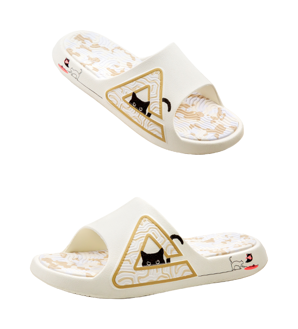 PEAK Tai Ji 1.0 Unisex Slides - Fortune Cat Design, Silent & Slip-Resistant Unisex White Yellow 
