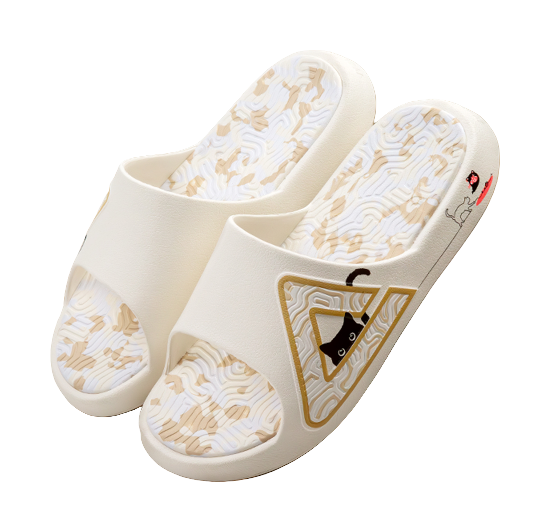 PEAK Tai Ji 1.0 Unisex Slides - Fortune Cat Design, Silent & Slip-Resistant Unisex White Yellow 