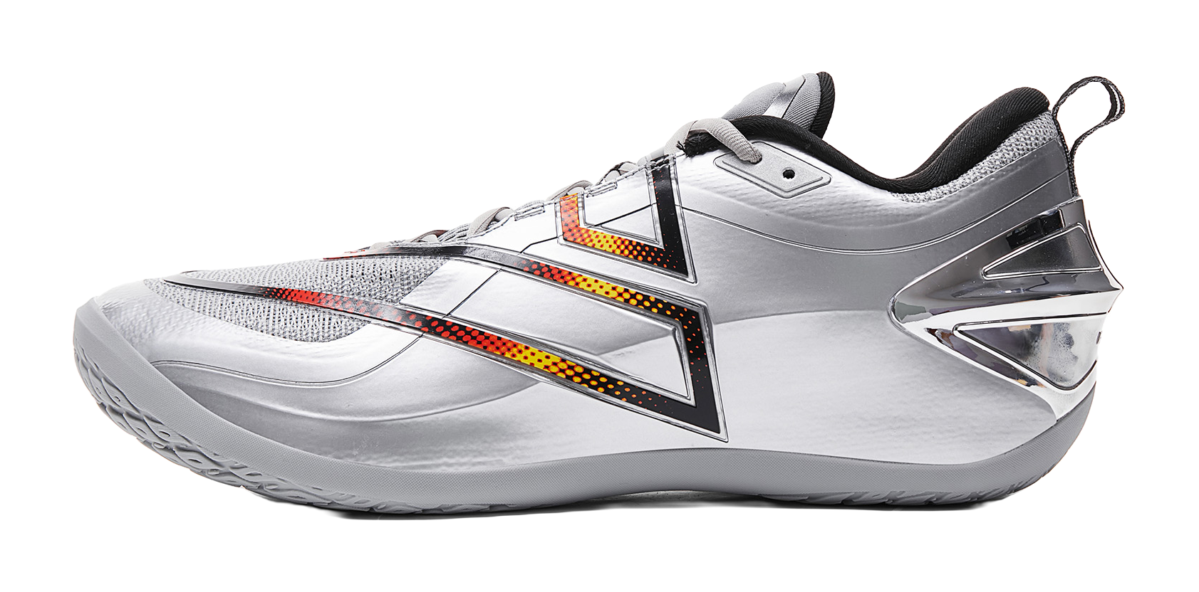 Silver-gray basketball shoe with orange/yellow stripe accents and black collar