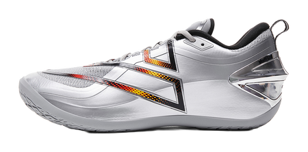 Silver-gray basketball shoe with orange/yellow stripe accents and black collar