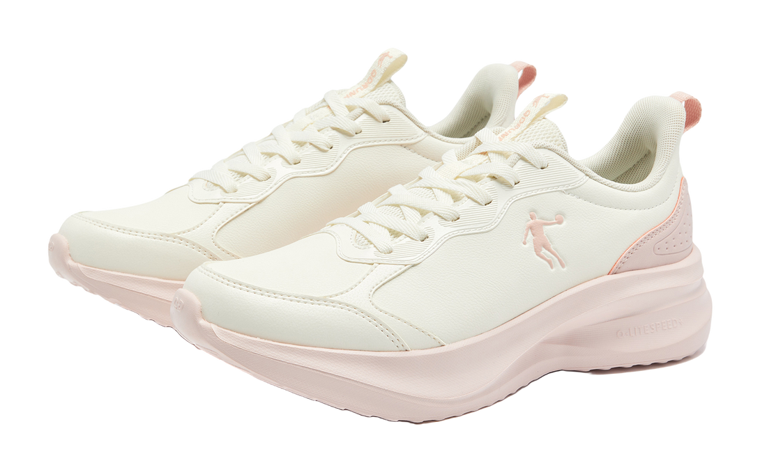 QIAODAN Cushioning, Slip Resistant, Lightweight Low top Casual Sprint Running Shoes Women's White Pink 